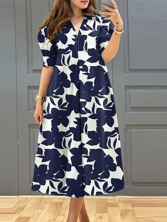 Women's Elegant V-Neck Floral Print Maxi Dress